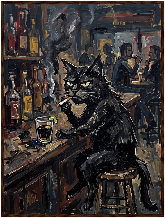Grumpy Black Cat Smoking at Bar Framed Moody Vintage Oil Painting Funny Art 2