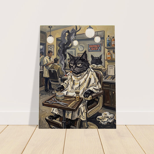 Grumpy Black Cat at the Barber Shop Moody Vintage Oil Painting Print Funny Art 2