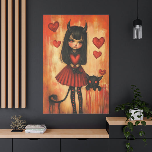 Gothic Evil Girl Canvas Print – Dark Fantasy Art with Red & Black Aesthetic, Matte Stretched Canvas
