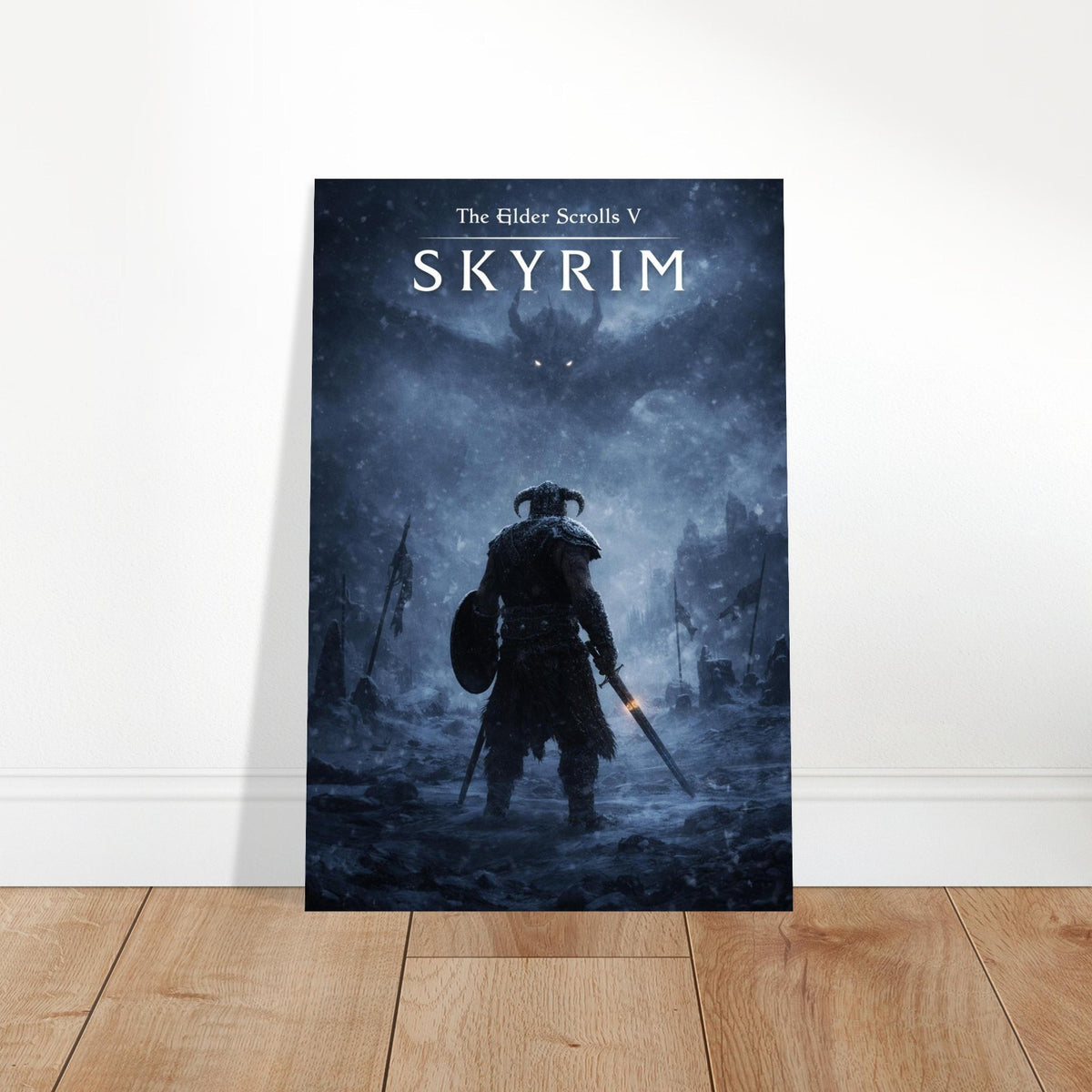 Skyrim Dragonborn vs Alduin Poster, Elder Scrolls V Fantasy Game Art - Ice Ver. 2