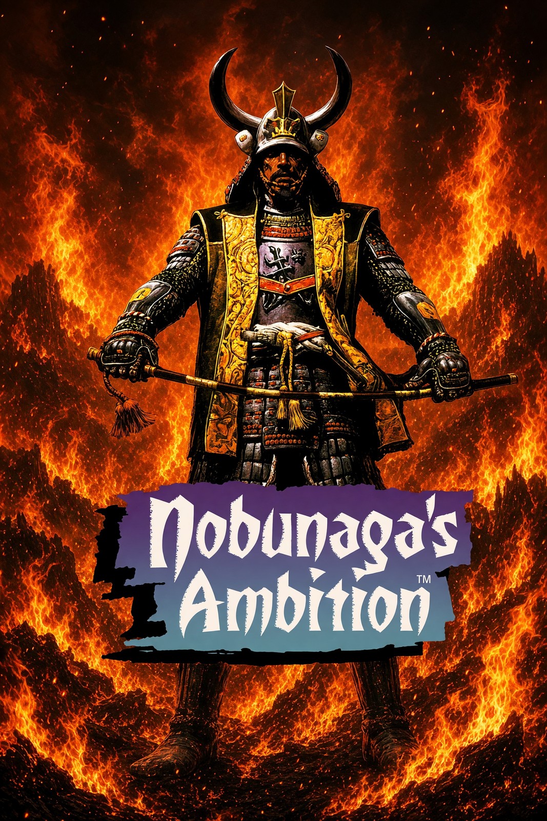 Nobunaga's Ambition Poster – Samurai Warlord with Flaming Bow Wall Art Decor