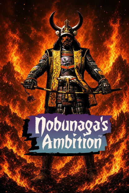 Nobunaga's Ambition Poster – Samurai Warlord with Flaming Bow Wall Art Decor