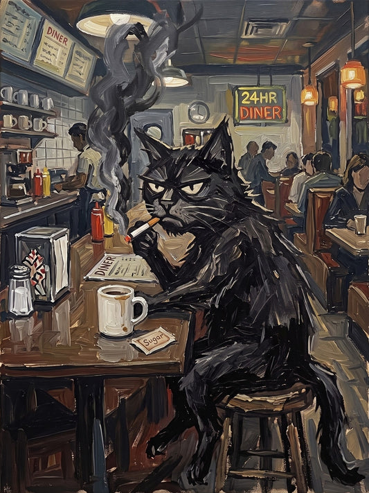 Grumpy Black Cat at 24 Hour Diner Moody Vintage Oil Painting Print Funny Art