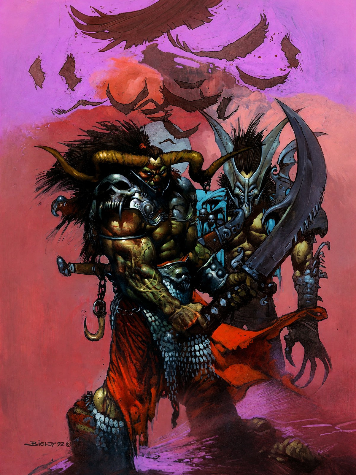 Dark Fantasy Demon Warrior Poster – Horned Beast with Blade 1992 Wall Art Decor