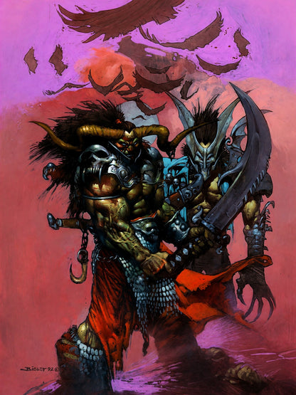 Dark Fantasy Demon Warrior Poster – Horned Beast with Blade 1992 Wall Art Decor