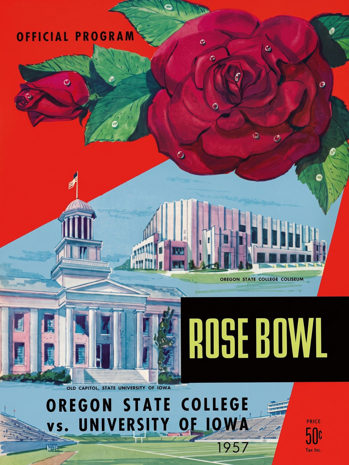 1957 Rose Bowl Oregon State vs Iowa Football Program Poster Vintage Art
