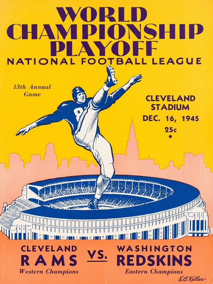 1945 Championship Cleveland Rams vs Washington Redskins Football Program Poster