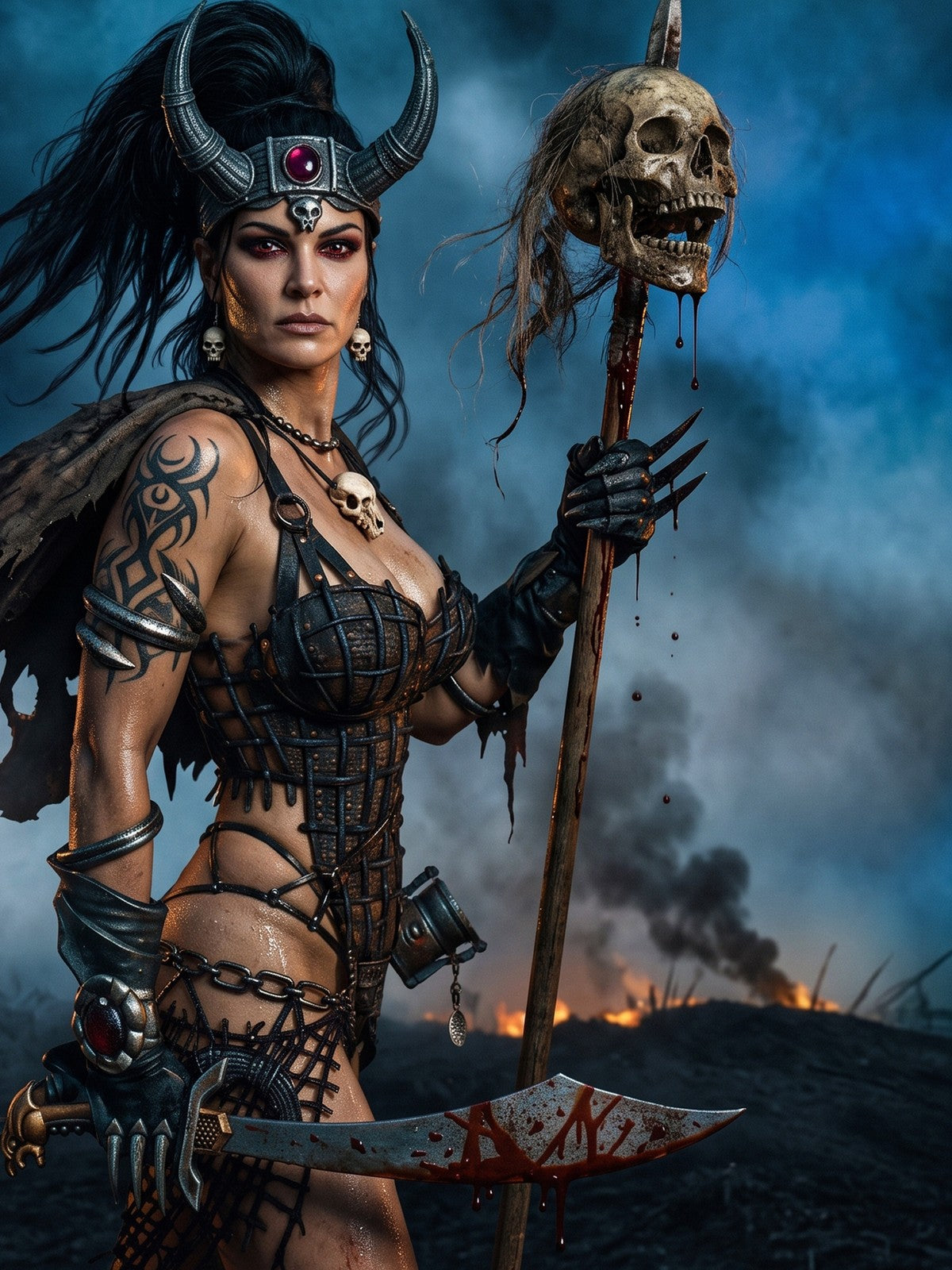 Dark Fantasy Art Poster – Warrior Woman with Skull Staff, Epic Battle Print