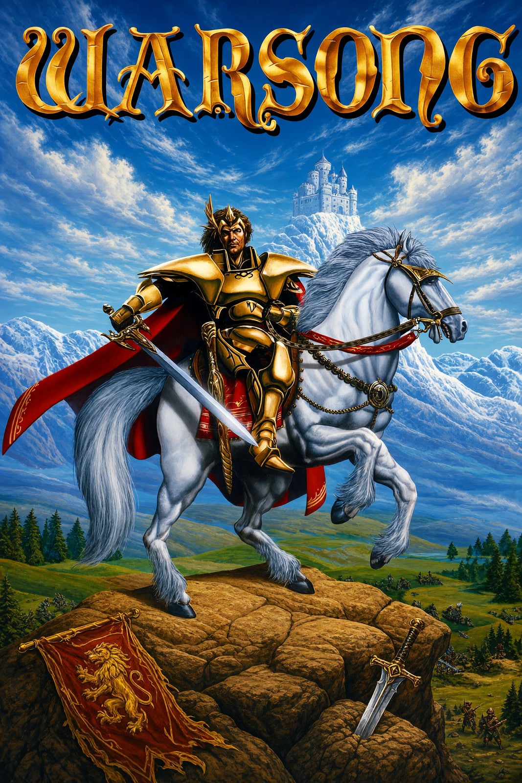Warsong Fantasy Warrior King Poster – Golden Knight on White Horse