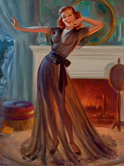 Pin-Up in Front of Fireplace by Art Frahm (1952) Poster Wall Art Decor