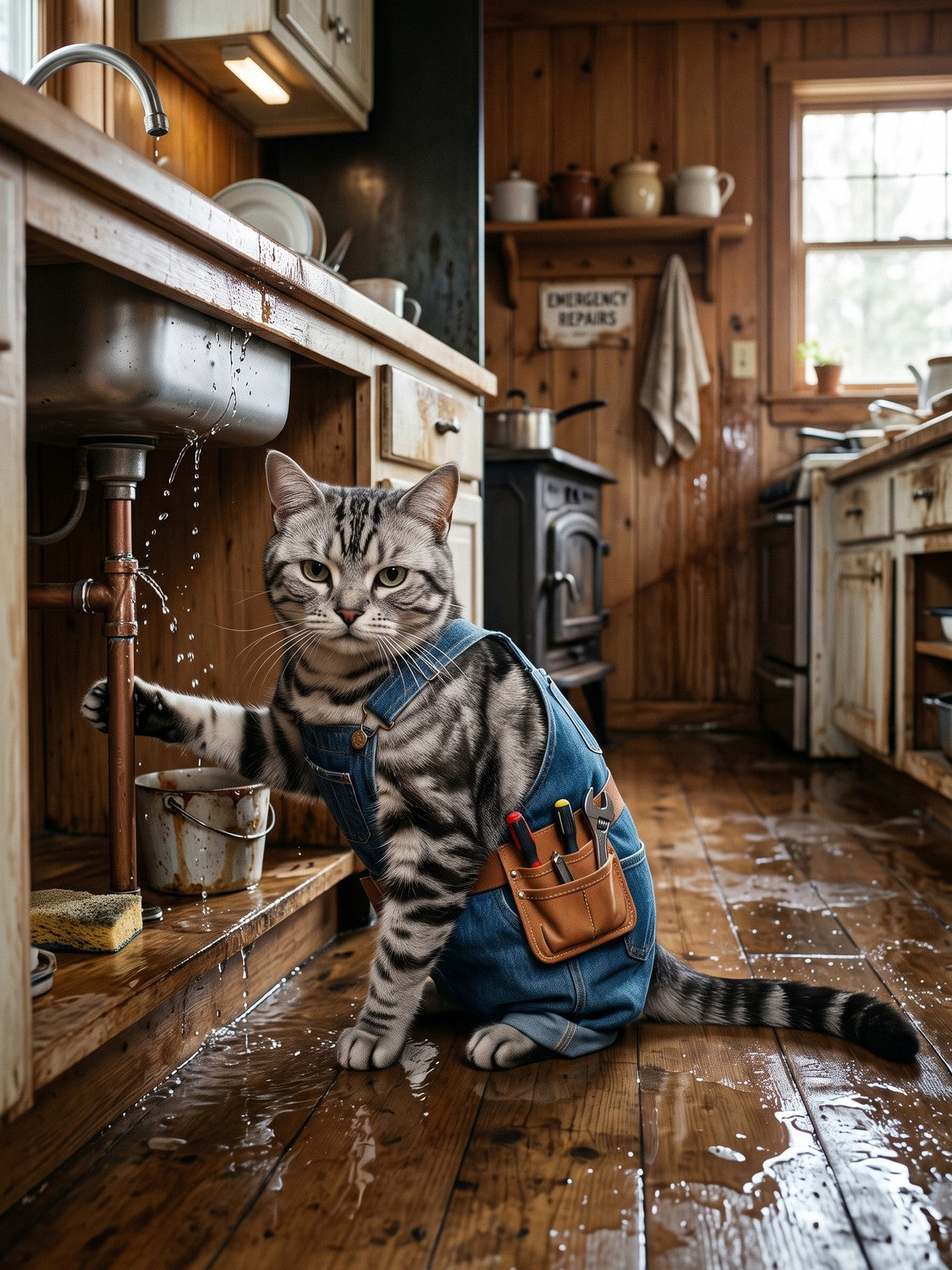 Funny Cat Poster – Plumber Cat Retro Handyman, Bathroom Humor Wall Art Print