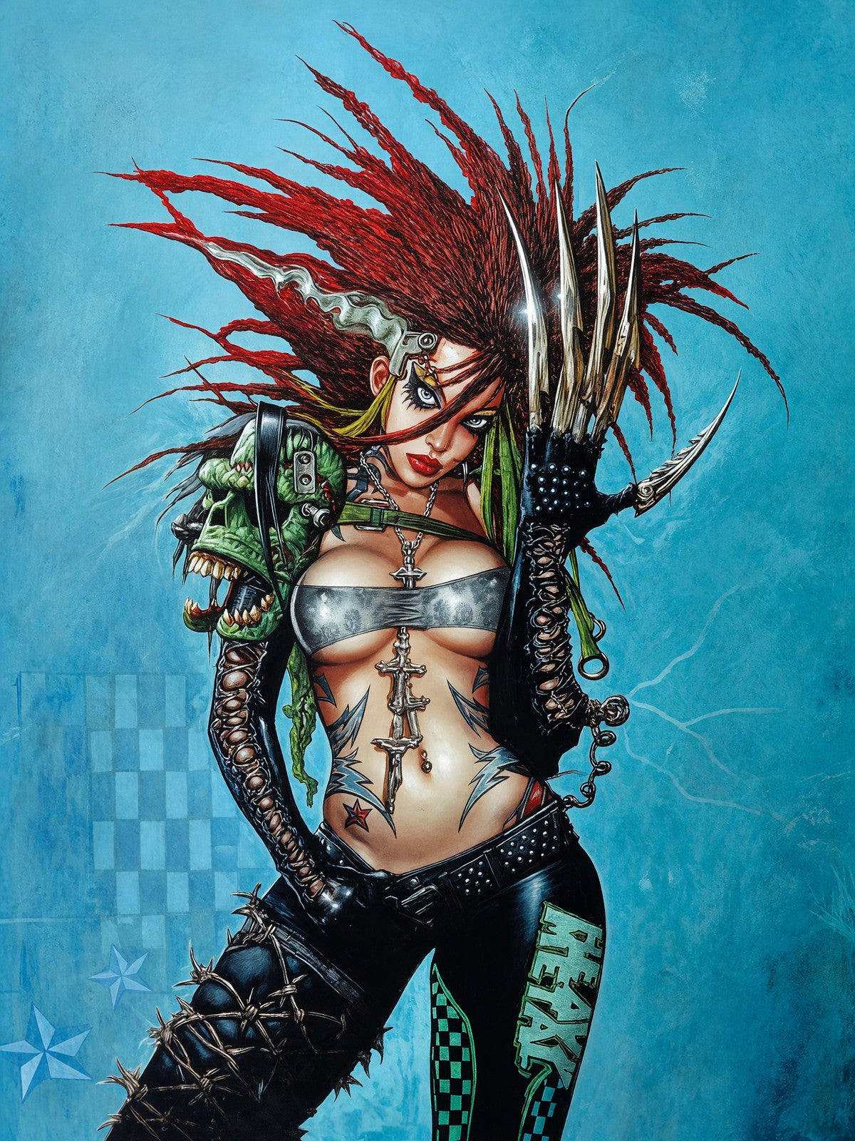 Red-Haired Cyberpunk Warrior Woman Poster – Punk Fantasy Art Wall Art Decor