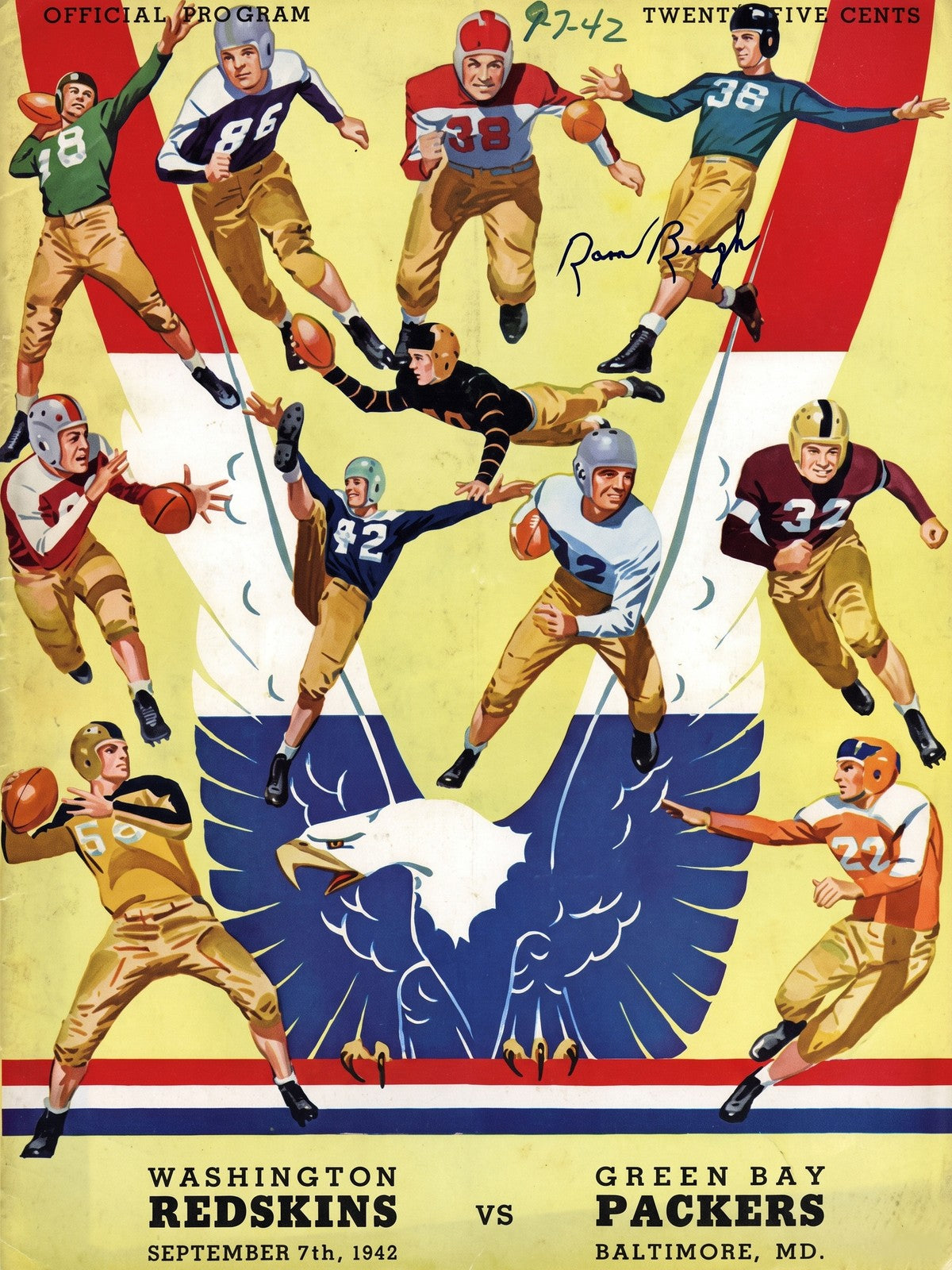1942 Washington Redskins vs Green Bay Packers Football Program Poster Vintage