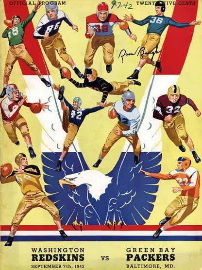 1942 Washington Redskins vs Green Bay Packers Football Program Poster Vintage