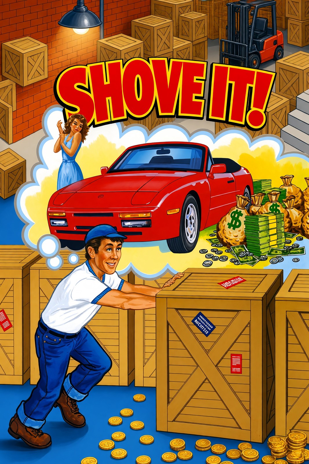 Shove It! Retro Arcade Game Poster – Red Sports Car & Cash Wall Art Decor