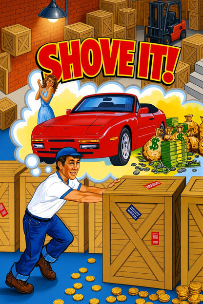 Shove It! Retro Arcade Game Poster – Red Sports Car & Cash Wall Art Decor
