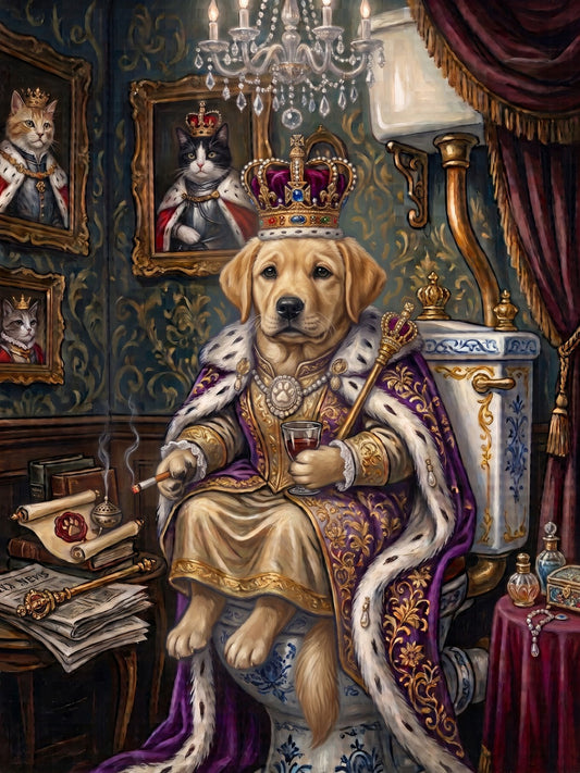 Royal Golden Retriever on the Throne Funny Bathroom Wall Art Vintage Dog Print