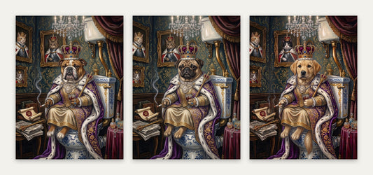Royal Bathroom Dogs Set of 3 Posters Bulldog Pug Golden Retriever Throne Art