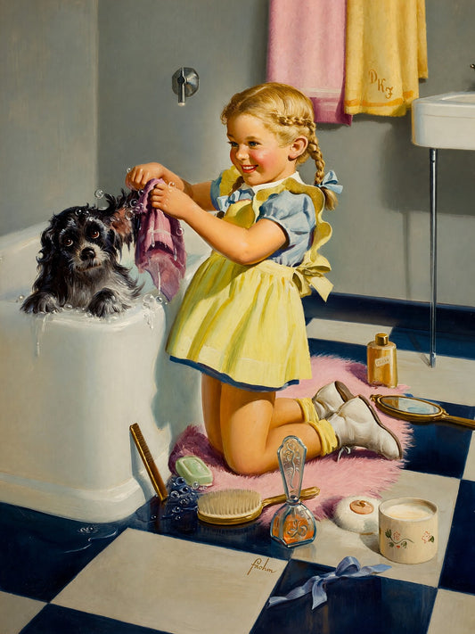 Art Frahm Puppy Bath 1950 Poster – Vintage Girl Dog Illustration Wall Art Decor