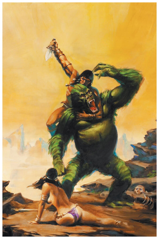 CONAN POSTER JOE CHIODO BARBARIAN VS BEAST 1991 PULP FANTASY BATTLE SCENE