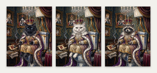 Royal Bathroom Cats Set of 3 Posters Black Cat White Cat Raccoon Throne Wall Art
