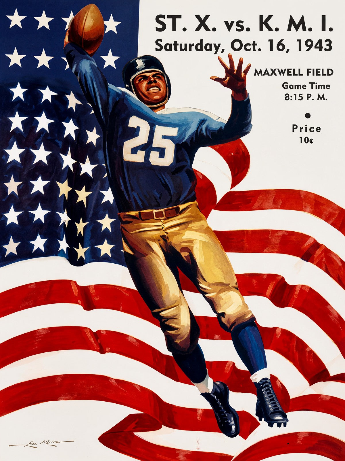 1943 Football Game Poster – Patriotic Athlete Maxwell Field Sports Art