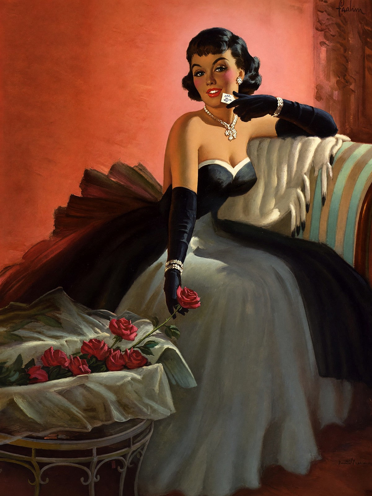 Art Frahm Glamorous Pin-Up with Roses Poster 1950 Wall Art Decor