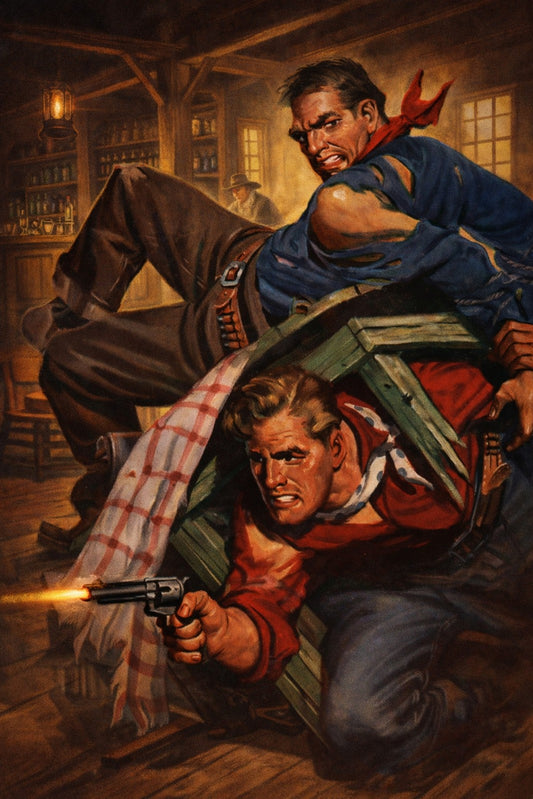 RICHARD LILLIS STYLE POSTER TAVERN SHOOTOUT WILD WEST GUNFIGHT VINTAGE ACTION AR
