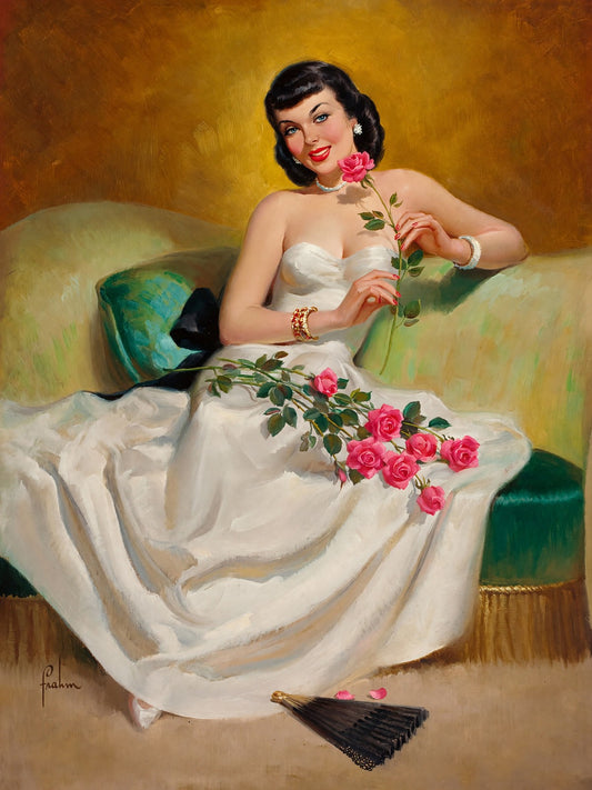 Art Frahm Brunette with Roses 1949 Poster – Vintage Pin-Up Wall Art Decor