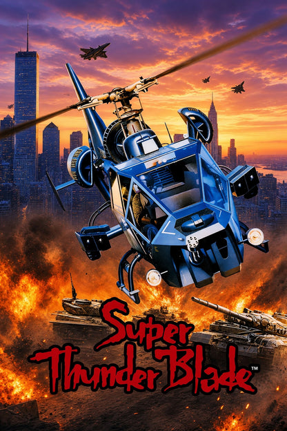Super Thunder Blade Poster – Blue Combat Helicopter Action Art Wall Art Decor