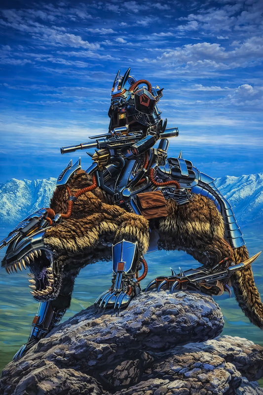 GAMMA WORLD RPG POSTER – CYBER KNIGHT RIDING MUTANT BEAST OVERLOOKING WASTELANDS