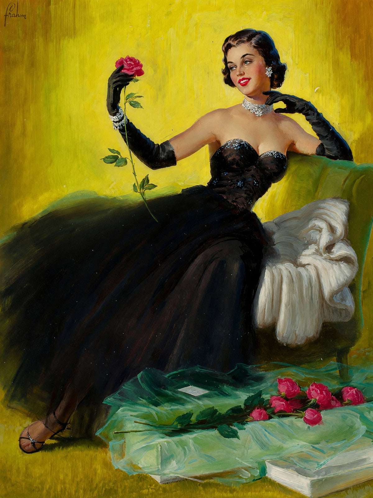 Art Frahm Glamorous Pin-Up with Roses Poster 1950 Wall Art Decor