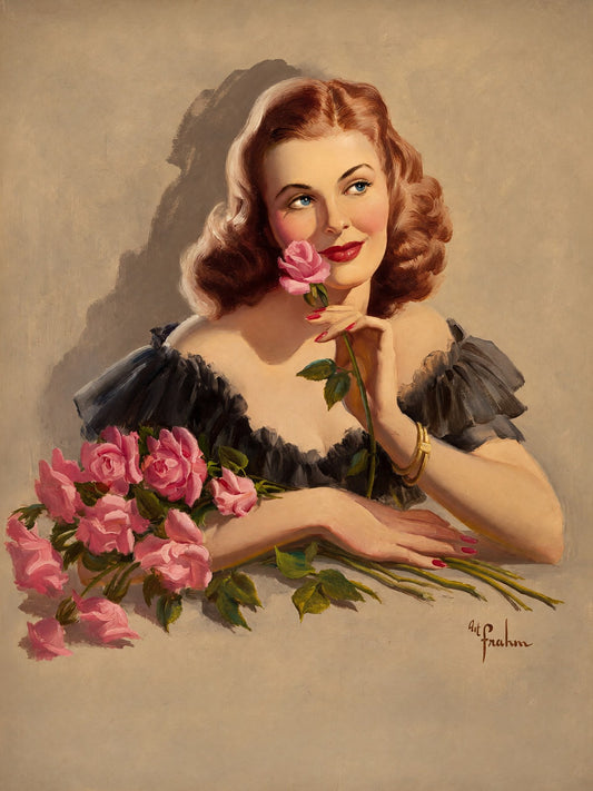 Art Frahm Pink Flowers Poster 1939 – Vintage Woman Portrait Wall Art Decor