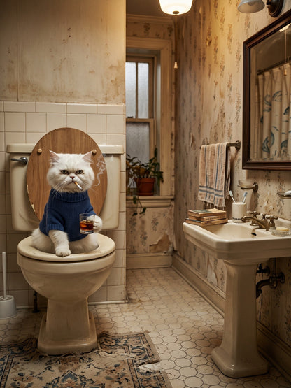 Funny Cat on the Toilet Poster – Quirky Bathroom Humor Wall Art Print