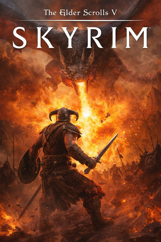 Skyrim Dragonborn vs Alduin Poster, Elder Scrolls V Fantasy Game Art - Fire Ver.