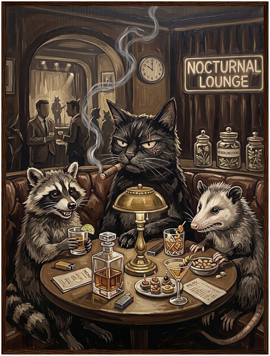 Black Cat Raccoon Opossum Nocturnal Lounge Framed Moody Vintage Animal Art 2