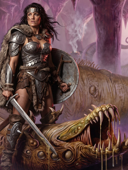 Fantasy Art Poster – Warrior Woman with Sword in Epic Battle with a Beast