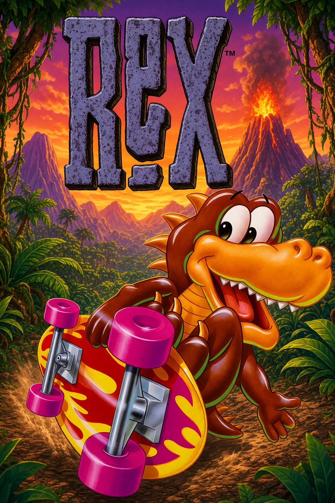 REX Skateboarding Dinosaur Poster – Radical 90s Video Game Art Wall Art Decor