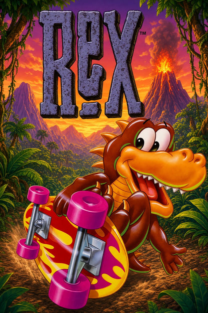 REX Skateboarding Dinosaur Poster – Radical 90s Video Game Art Wall Art Decor