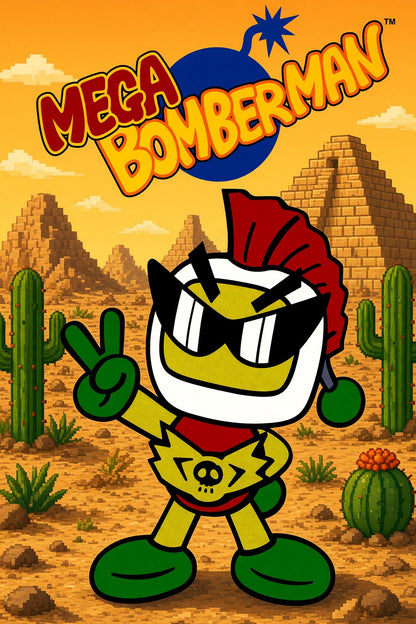 Mega Bomberman Poster – Retro Video Game Character Desert Wall Art Decor