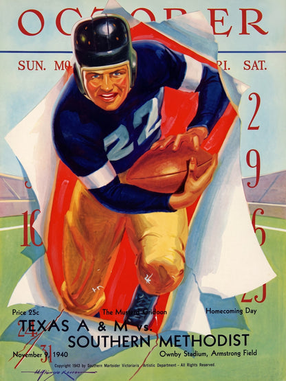1940 Texas A&M vs SMU Homecoming Football Program Poster Vintage College Art