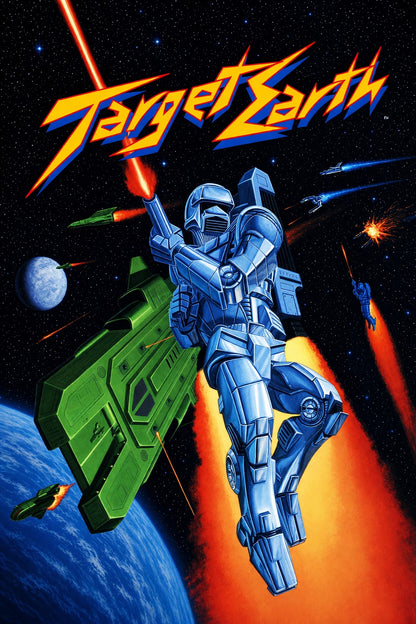 Target Earth Poster – Blue Robot Mech Warrior Sci-Fi Battle Art Wall Art Decor
