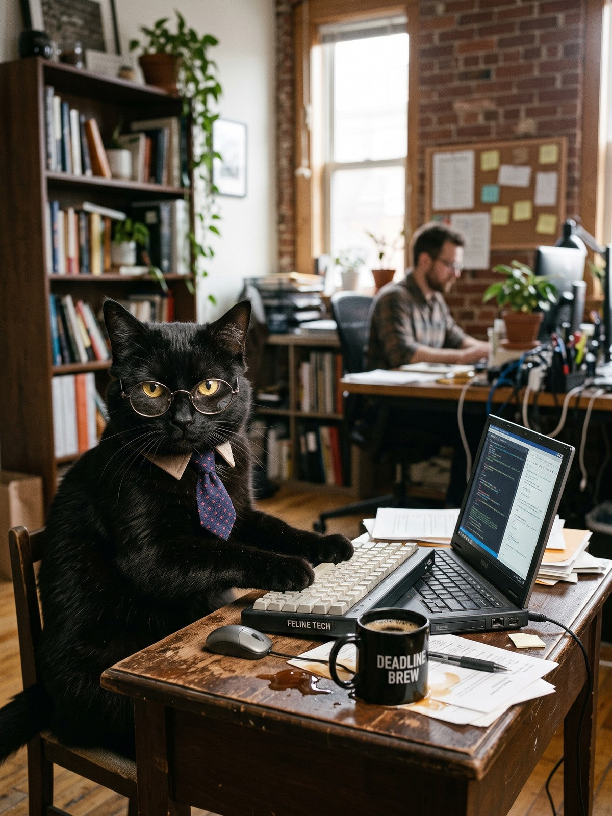 Black Cat Poster – Feline Office Worker, Tech Humor Wall Art Print