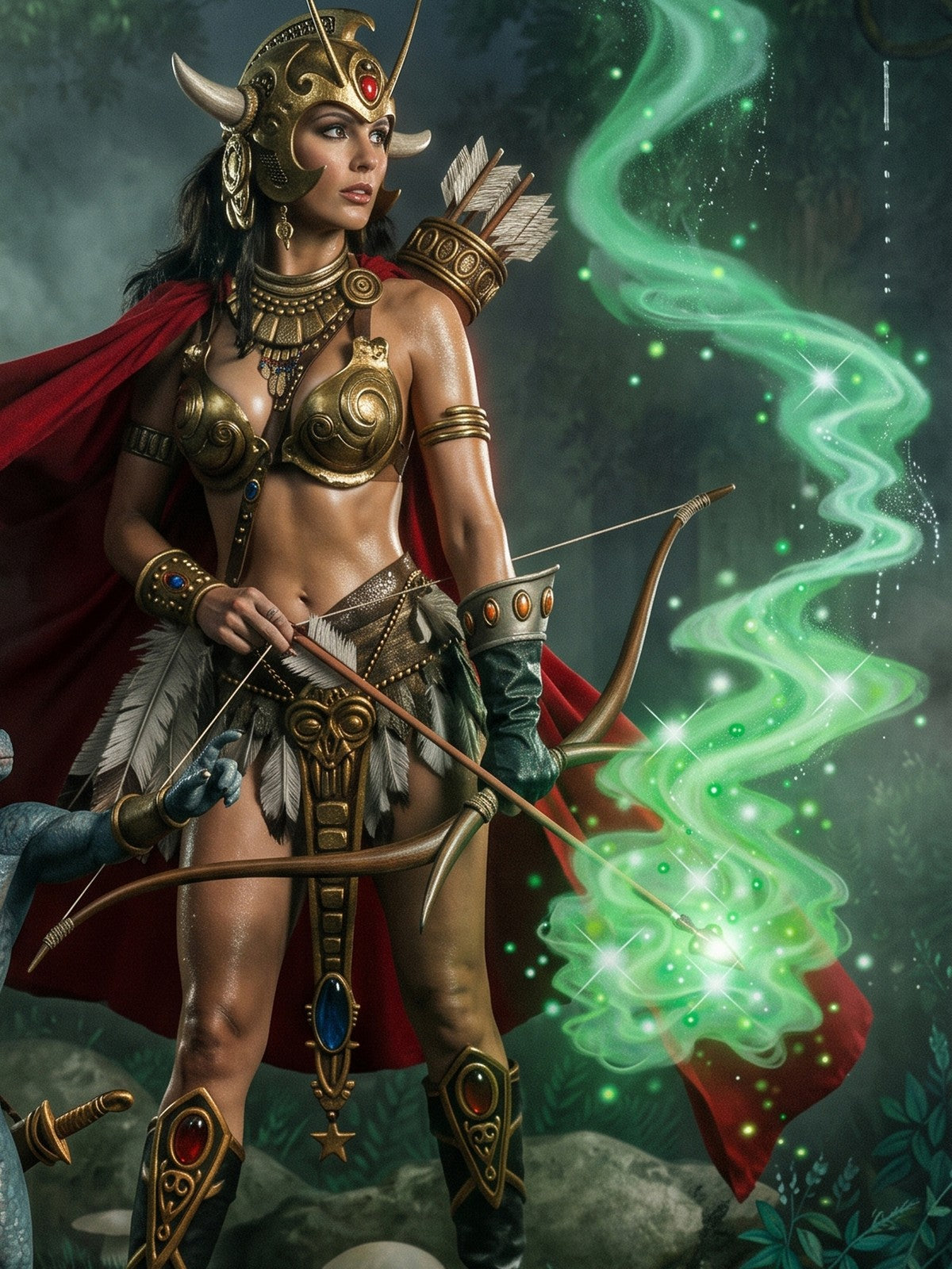 Fantasy Art Poster – Warrior Goddess Archer in Golden Armor, Green Magic Energy