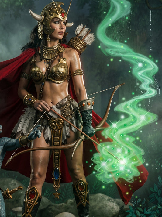 Fantasy Art Poster – Warrior Goddess Archer in Golden Armor, Green Magic Energy
