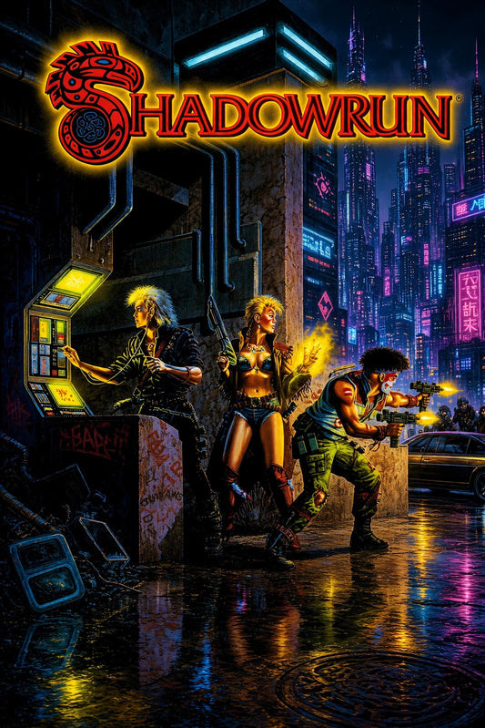 Shadowrun Cyberpunk Poster – Neon Warriors in Futuristic City Wall Art Decor