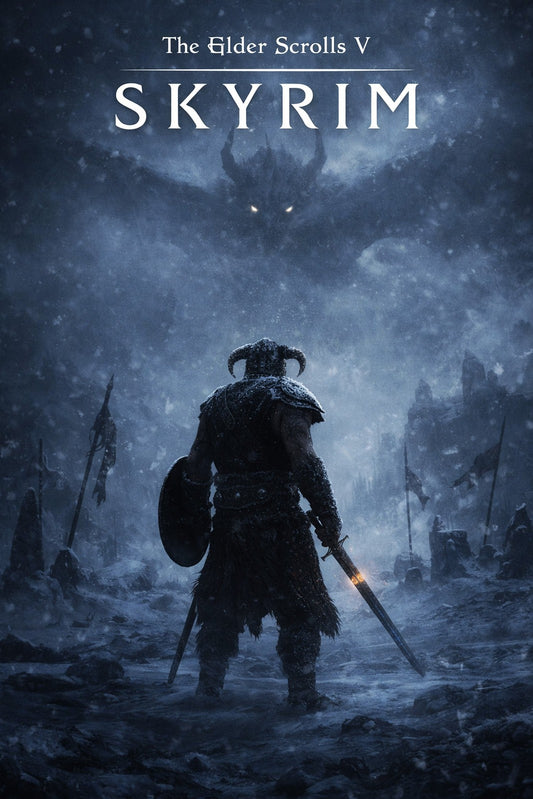 Skyrim Dragonborn vs Alduin Poster, Elder Scrolls V Fantasy Game Art - Ice Ver.