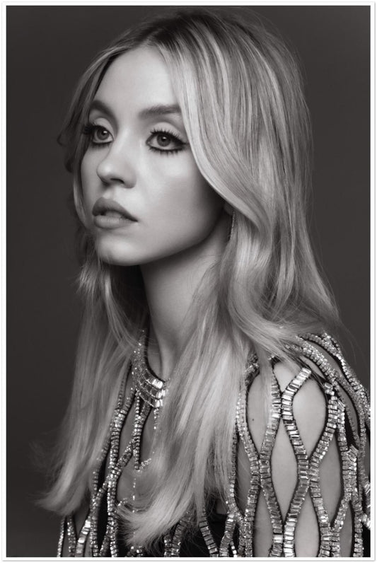 SYDNEY SWEENEY POSTER – GLAMOUR BLACK & WHITE PORTRAIT – FASHION ART PRINT