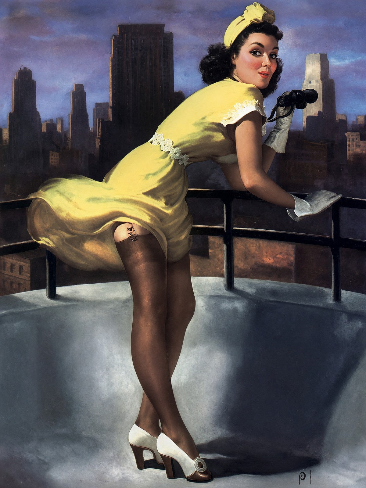 Art Frahm Pin-Up on Rooftop with Binoculars 1950 Poster Wall Art Decor