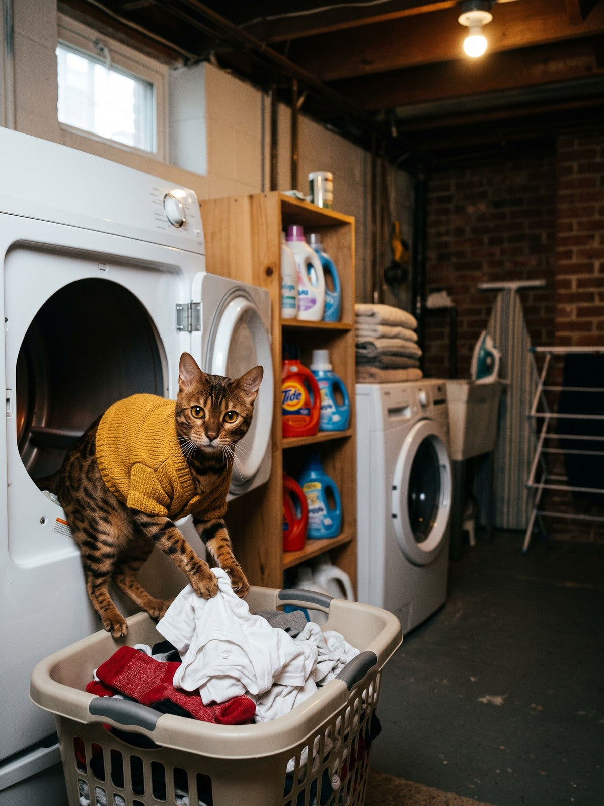 Funny Cat Poster – Tabby Laundry Helper in a Yellow Sweater, Laundry Room Art